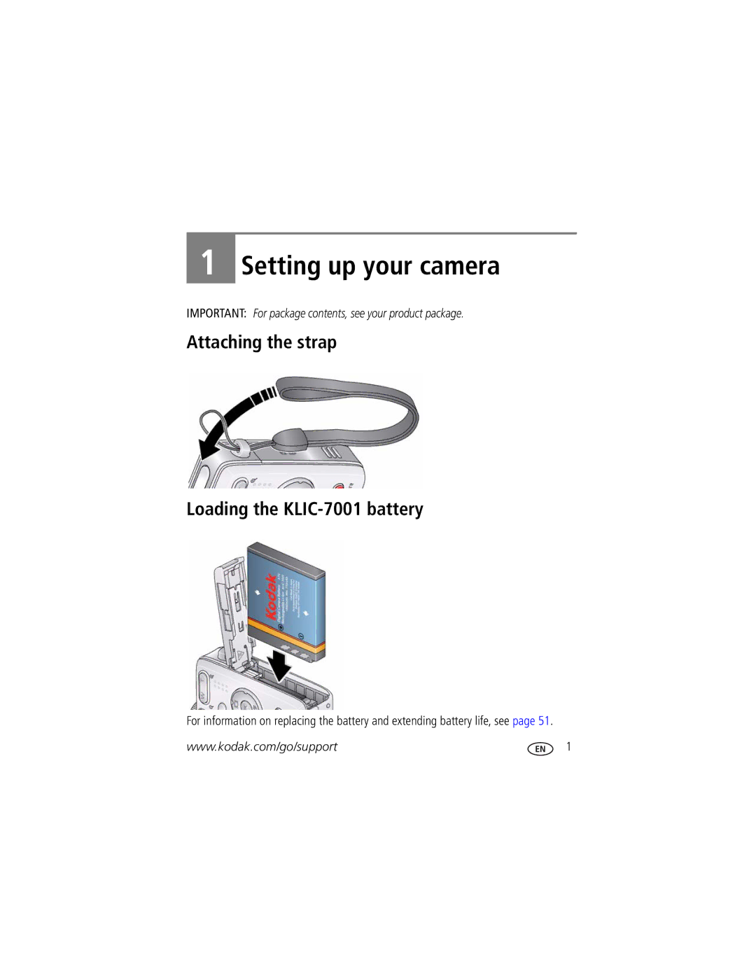 Kodak M320 manual Setting up your camera, Attaching the strap Loading the KLIC-7001 battery 