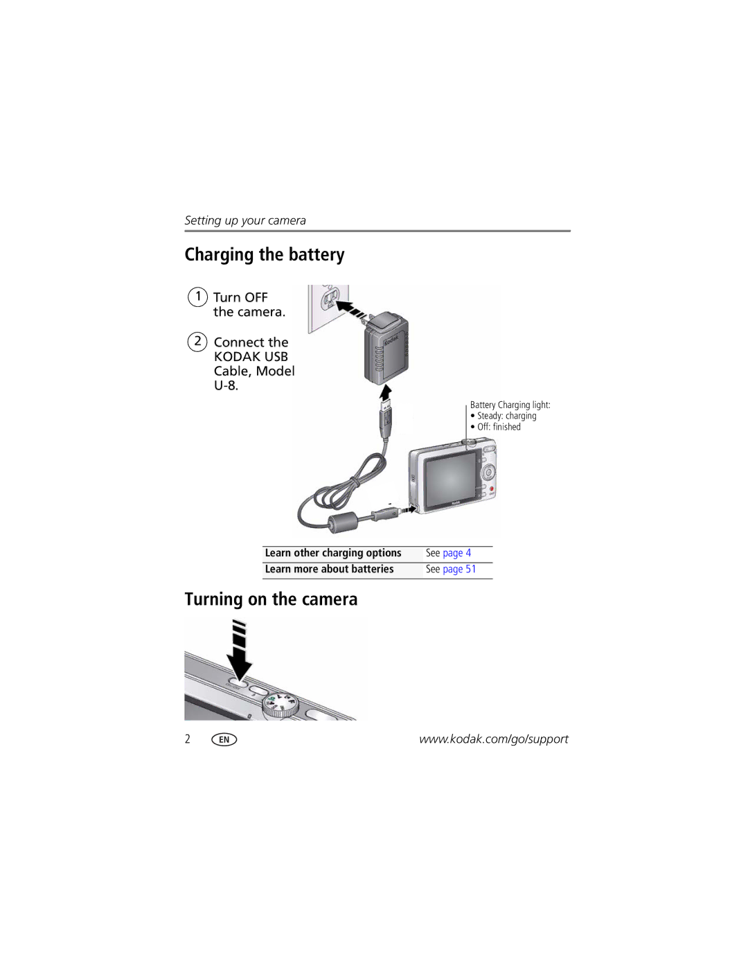 Kodak M320 manual Charging the battery, Turning on the camera, Turn OFF the camera Connect Kodak USB Cable, Model U-8 