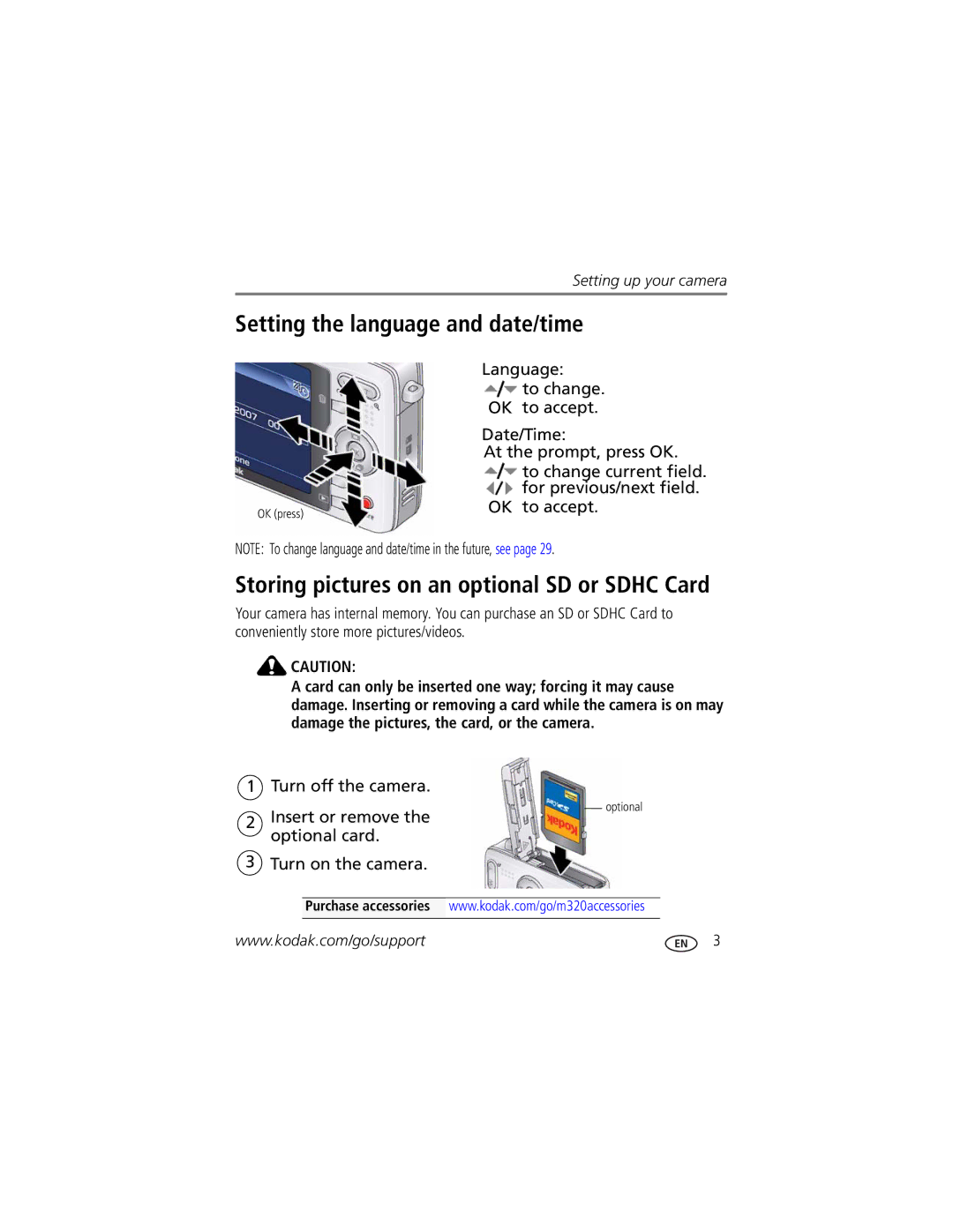 Kodak M320 manual Setting the language and date/time 