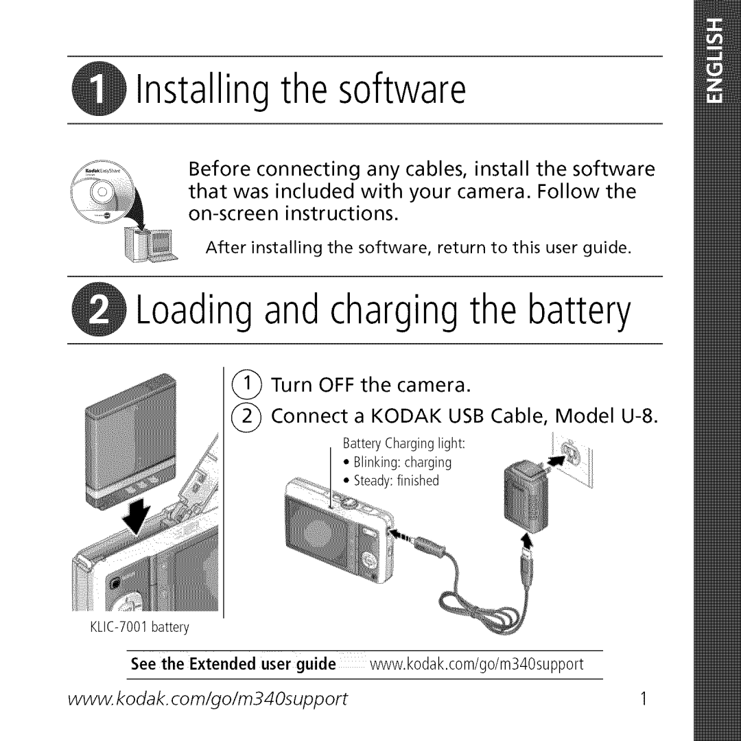 Kodak M340 manual Installing the software, Loading and charging the battery 