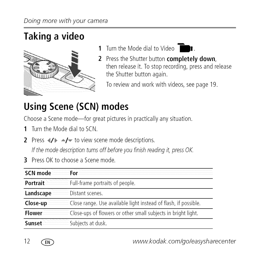 Kodak M340 manual Taking a video, Using Scene SCN modes 