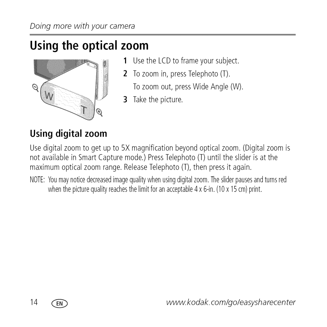 Kodak M340 manual Using the optical zoom, Using digital zoom 