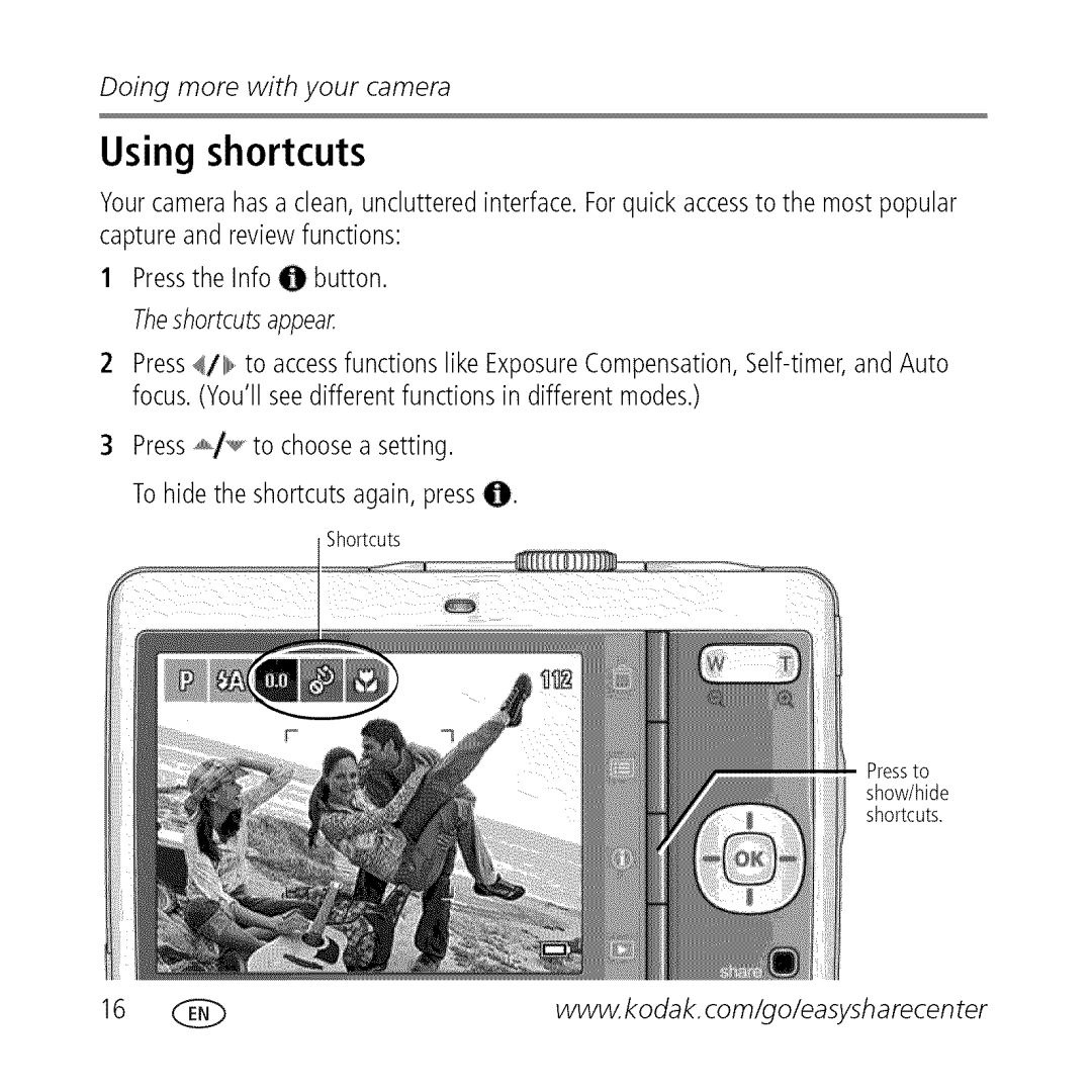 Kodak M340 manual Using shortcuts 