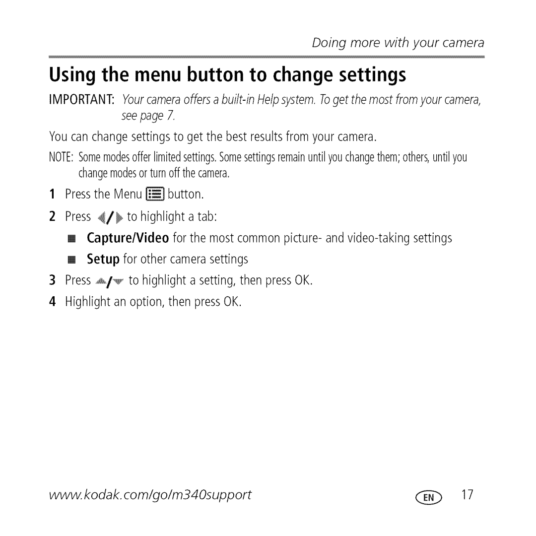 Kodak M340 manual Using the menu button to change settings 