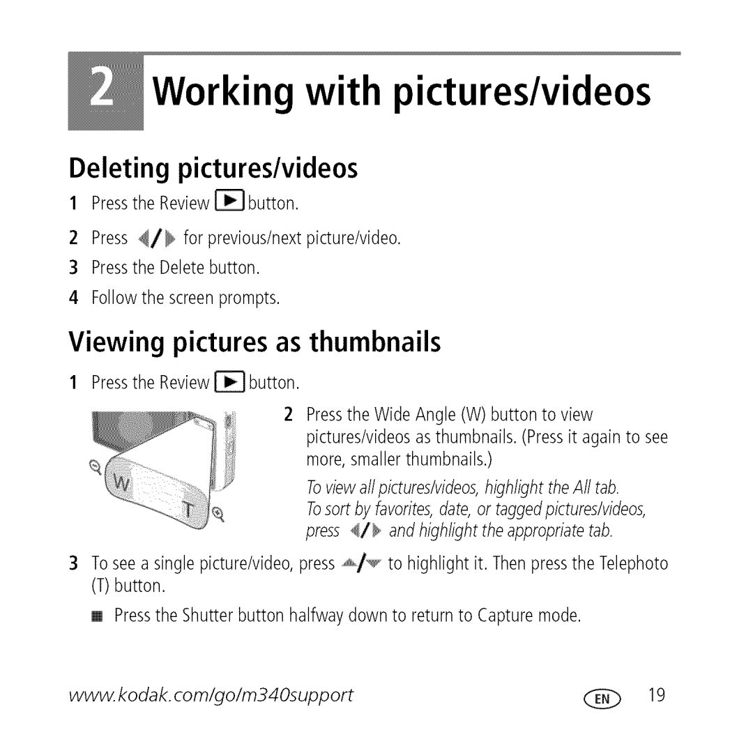 Kodak M340 manual Working with pictures/videos, Deleting pictures/videos, Viewing pictures as thumbnails 