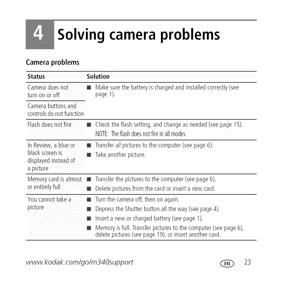 Kodak M340 manual Solving camera problems, Camera problems 