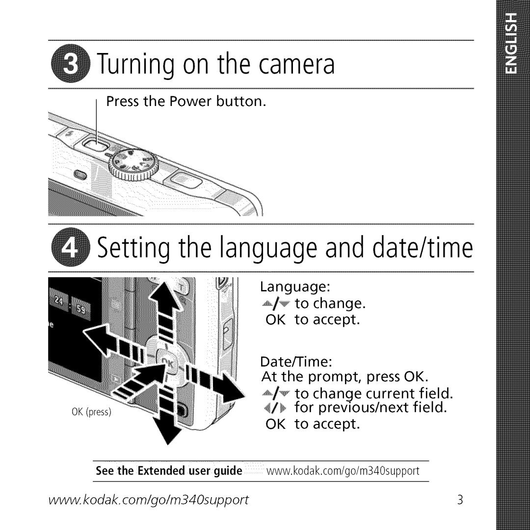 Kodak M340 manual O1 Turning on the camera, Setting the languageand date/time 