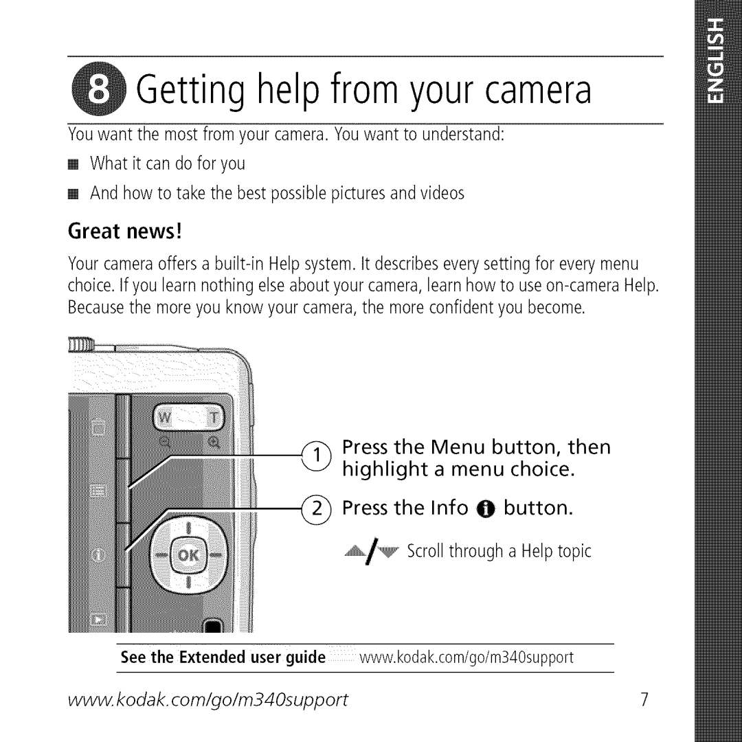 Kodak M340 manual Getting helpfrom your camera 