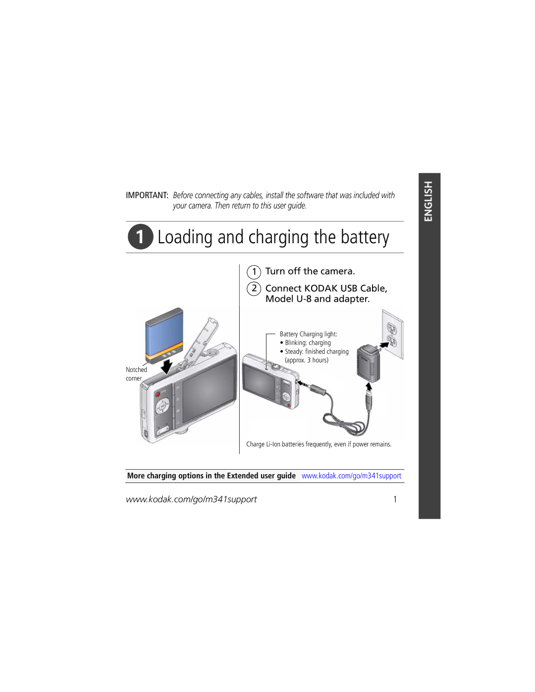 Kodak M341 manual Loading and charging the battery 