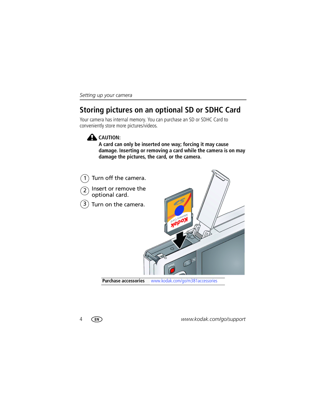 Kodak M381 manual Storing pictures on an optional SD or Sdhc Card 