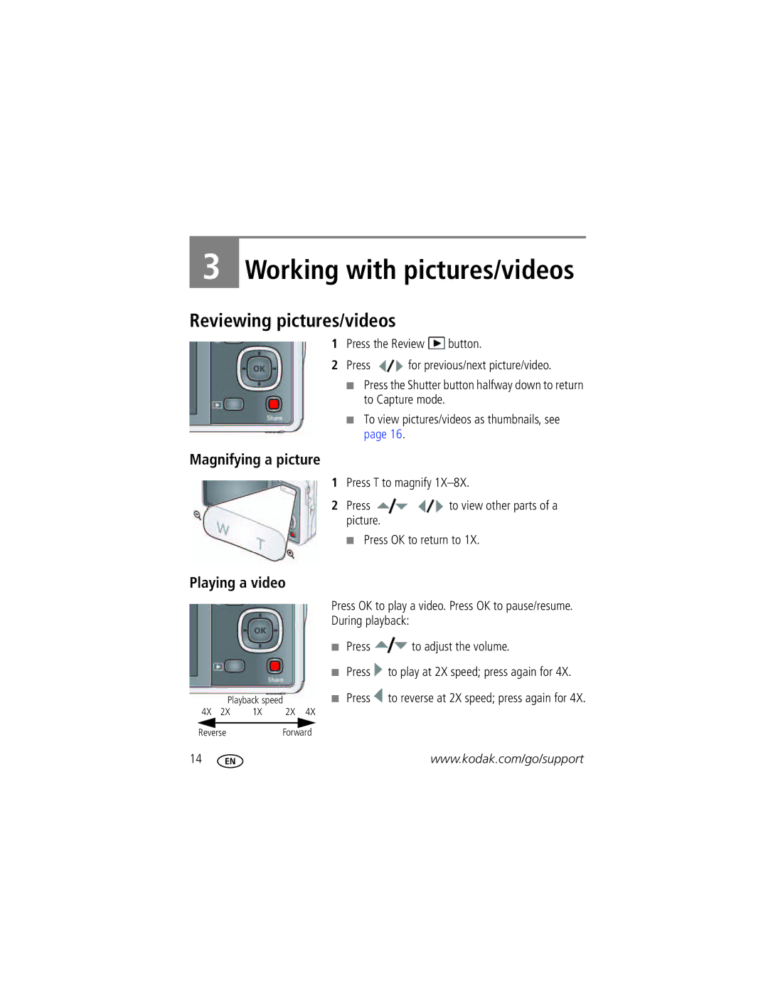 Kodak M381 manual Reviewing pictures/videos, Magnifying a picture, Playing a video 