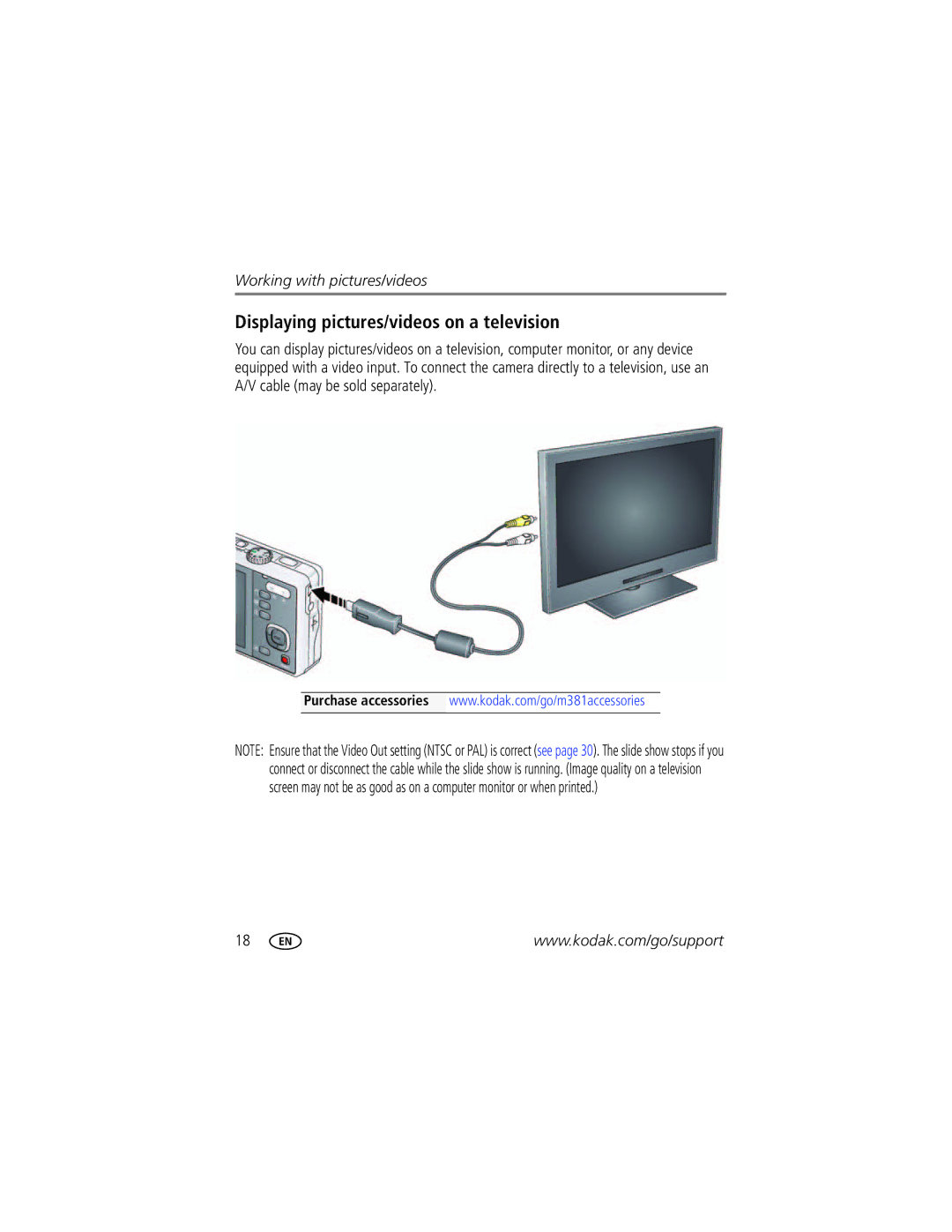 Kodak M381 manual Displaying pictures/videos on a television 