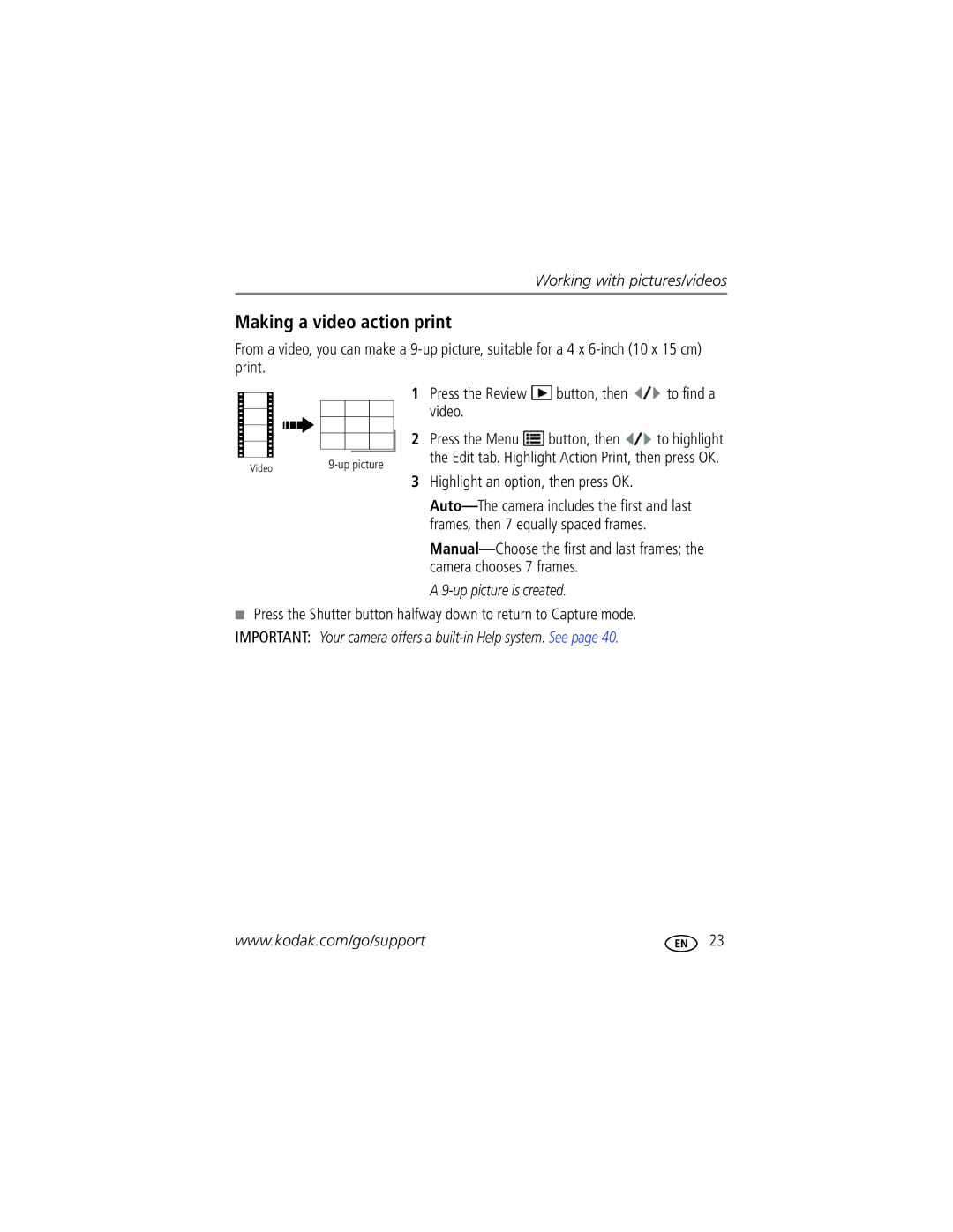 Kodak M381 manual Making a video action print, Up picture is created 