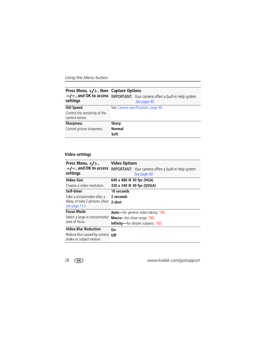 Kodak M381 manual Video Options 