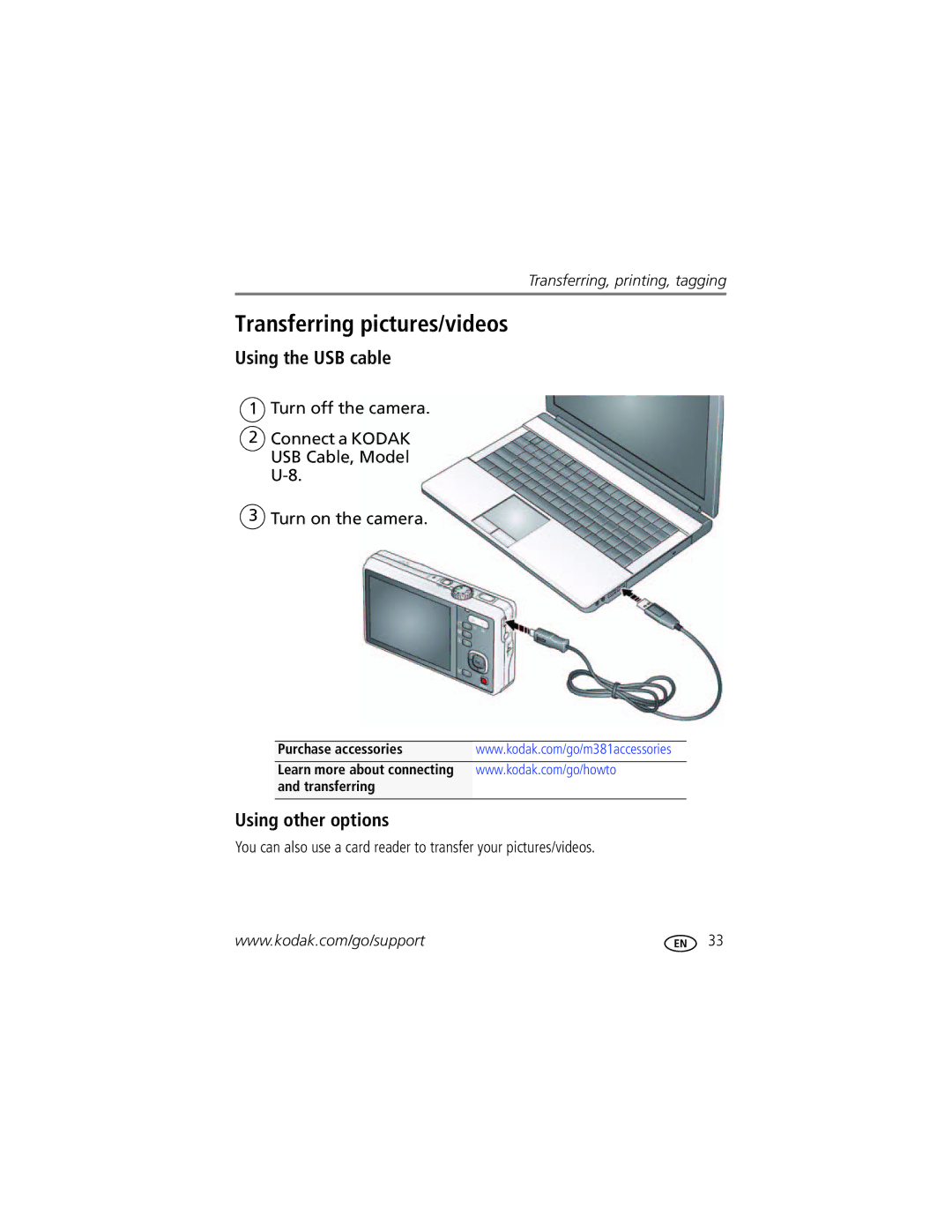 Kodak M381 manual Transferring pictures/videos, Using the USB cable, Using other options 