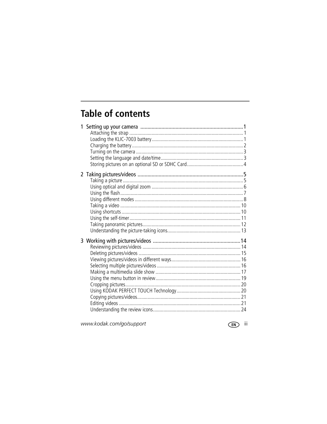 Kodak M381 manual Table of contents 