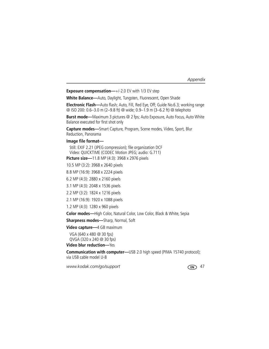 Kodak M381 manual Image file format, Sharpness modes-Sharp, Normal, Soft, Video capture-4 GB maximum 