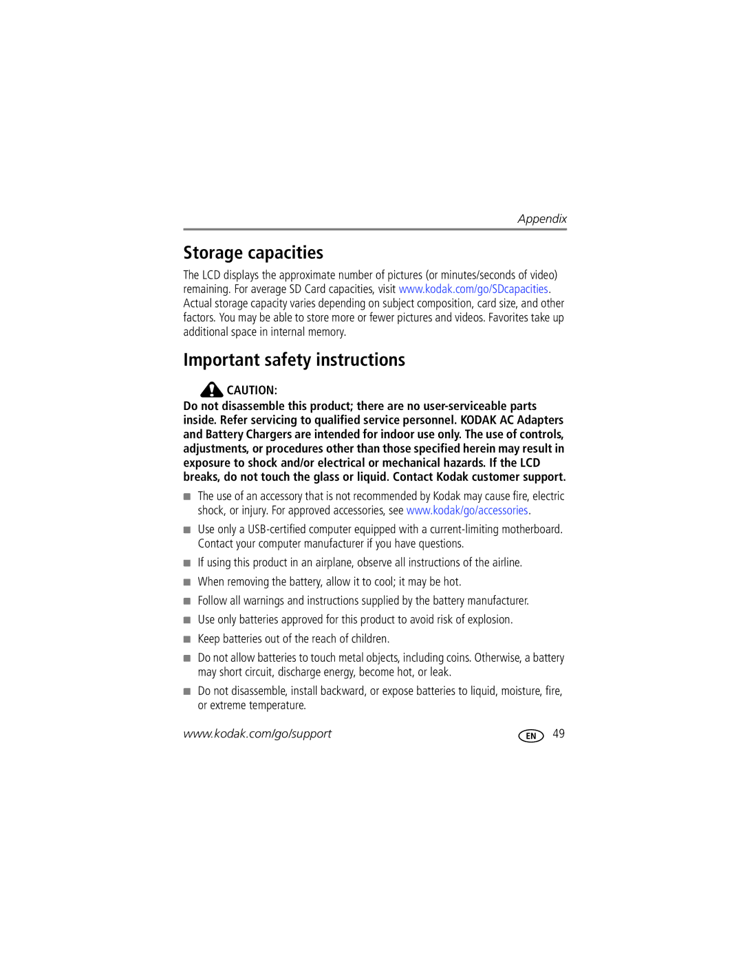 Kodak M381 Storage capacities Important safety instructions, When removing the battery, allow it to cool it may be hot 