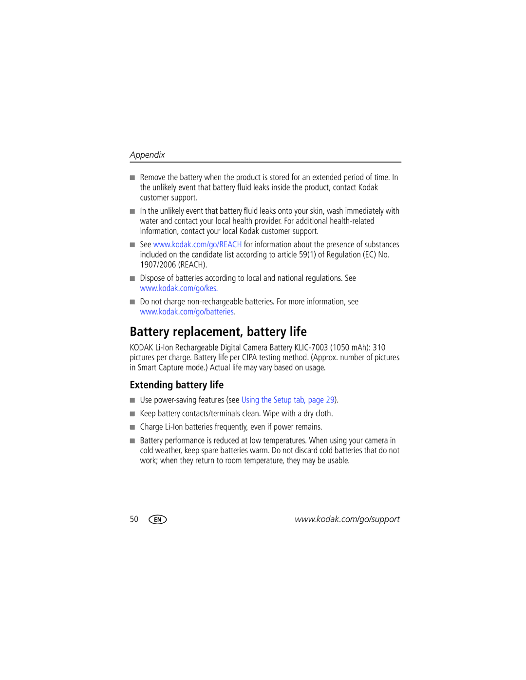 Kodak M381 manual Battery replacement, battery life, Extending battery life 