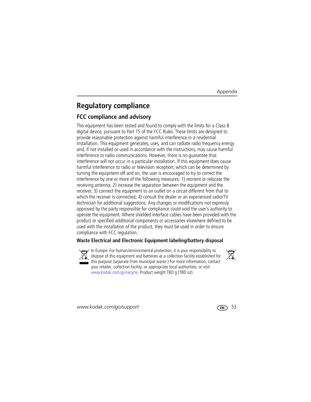 Kodak M381 manual Regulatory compliance, FCC compliance and advisory 