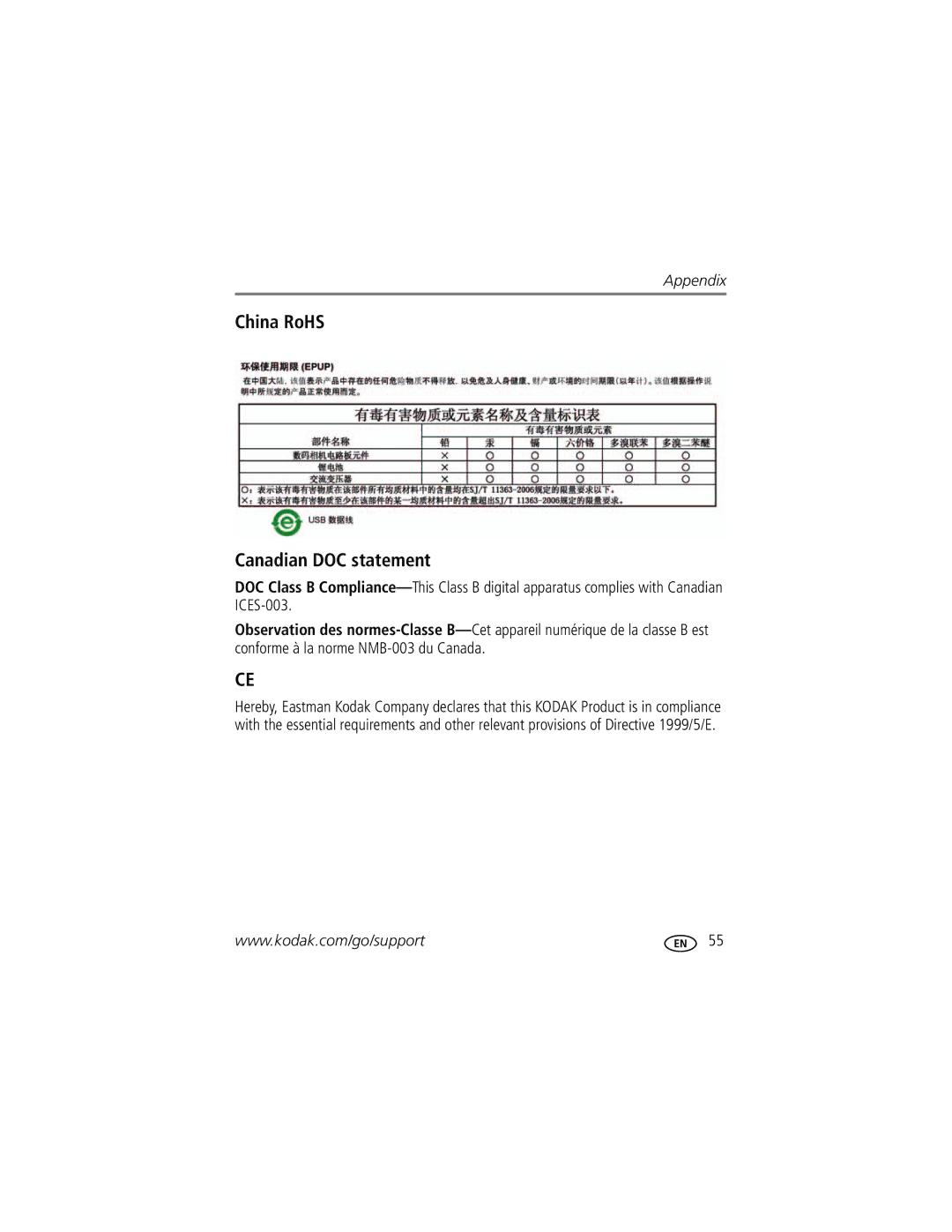 Kodak M381 manual China RoHS Canadian DOC statement 