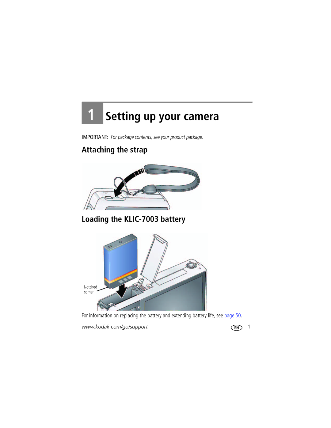 Kodak M381 manual Setting up your camera, Attaching the strap Loading the KLIC-7003 battery 