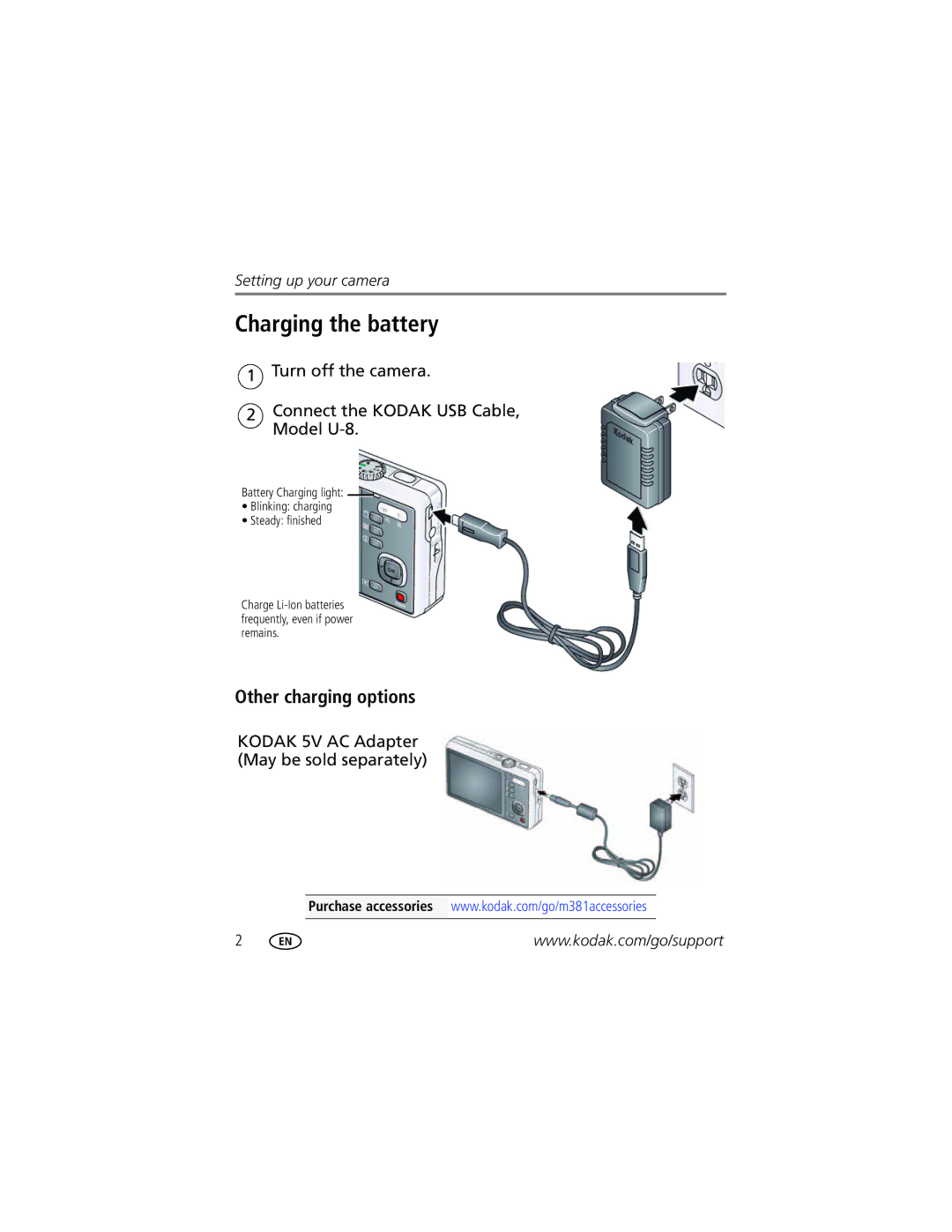 Kodak M381 manual Charging the battery, Other charging options, Turn off the camera Connect the Kodak USB Cable, Model U-8 