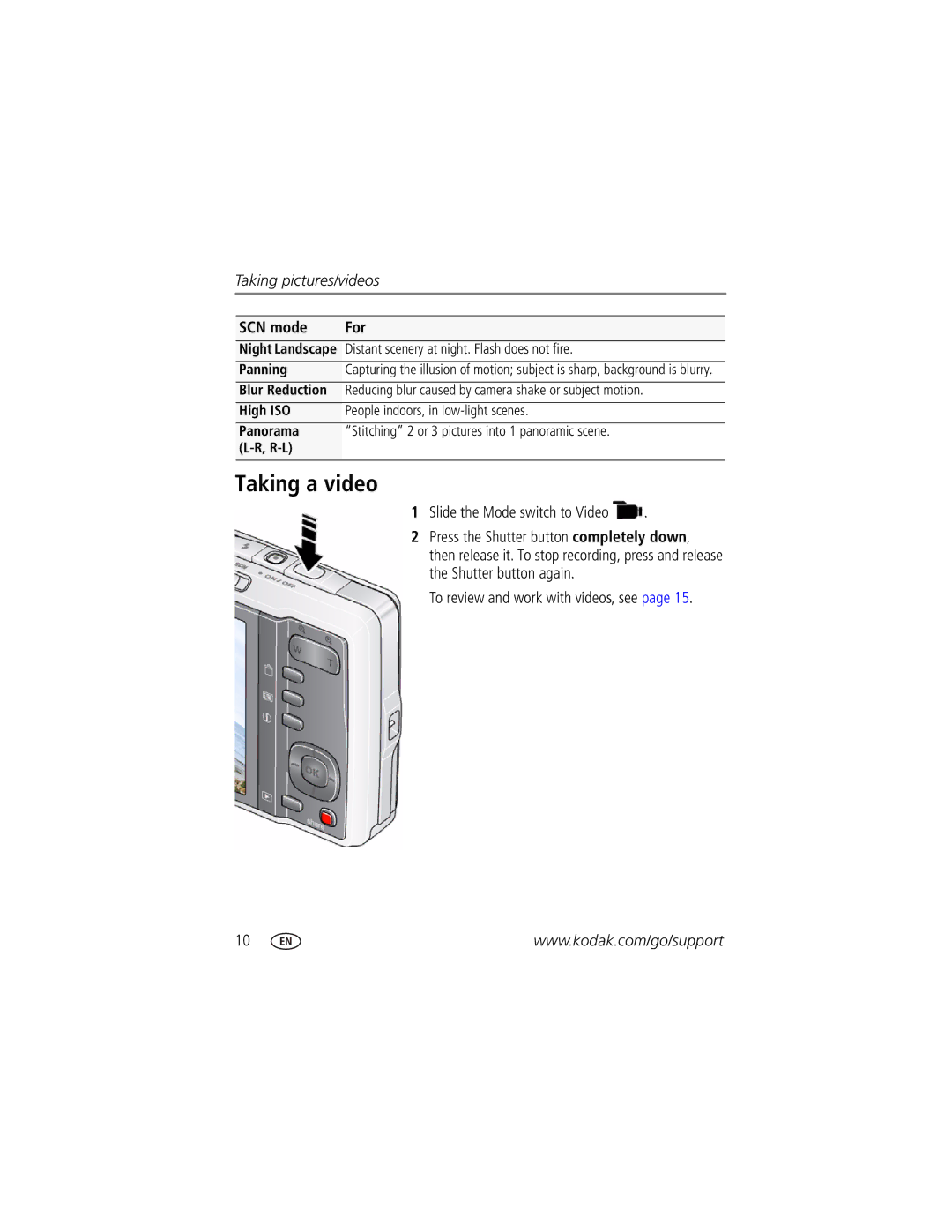 Kodak M420 manual Taking a video, Slide the Mode switch to Video, To review and work with videos, see 