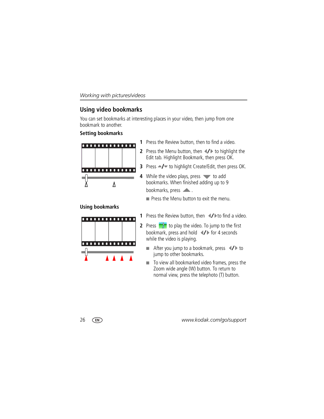 Kodak M420 manual Using video bookmarks, Setting bookmarks Using bookmarks 