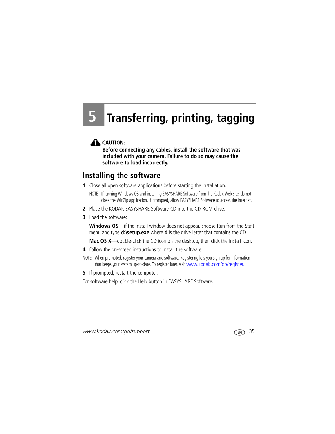 Kodak M420 manual Transferring, printing, tagging, Installing the software 