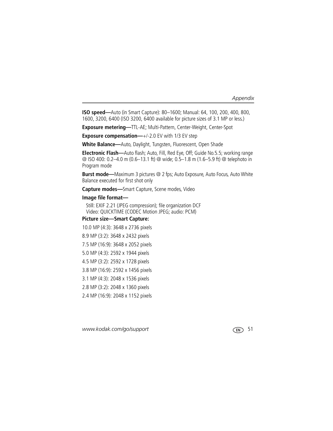 Kodak M420 manual Image file format, Picture size-Smart Capture 