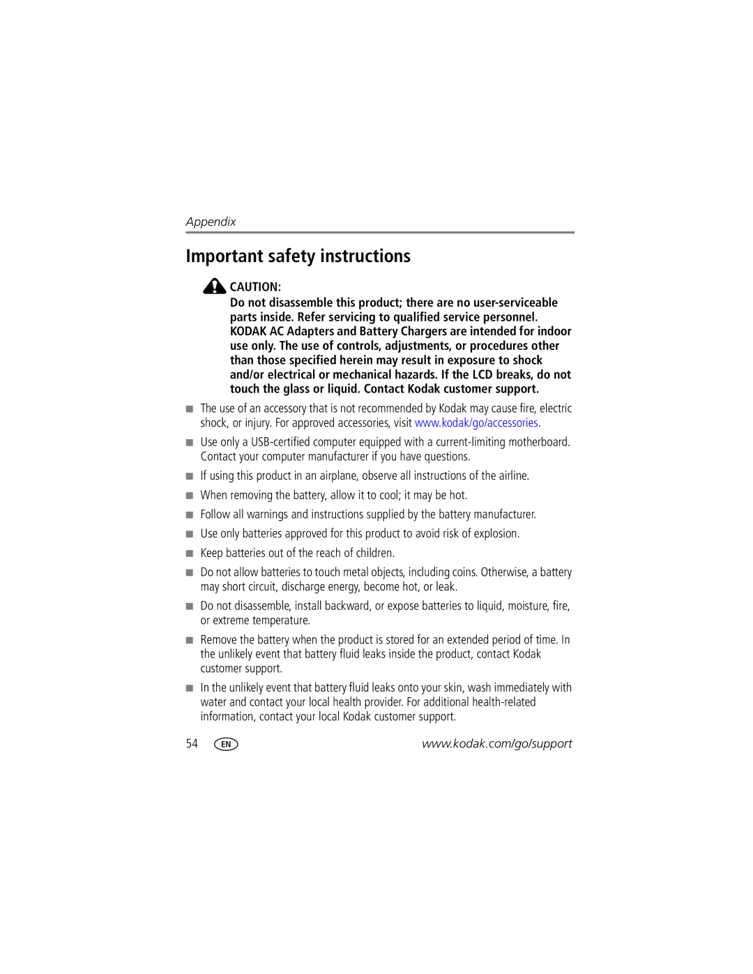 Kodak M420 manual Important safety instructions, When removing the battery, allow it to cool it may be hot 