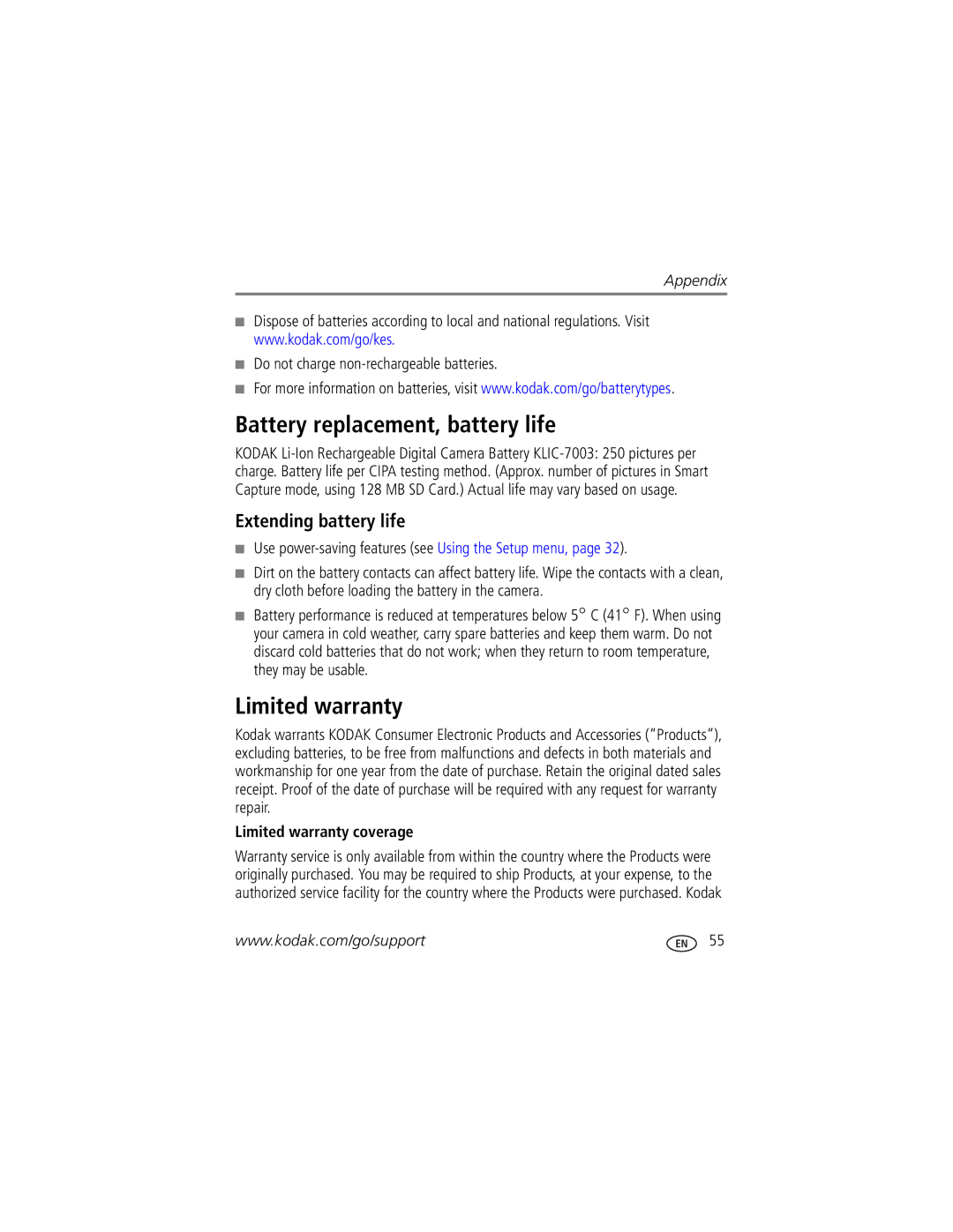 Kodak M420 manual Battery replacement, battery life, Extending battery life, Limited warranty coverage 