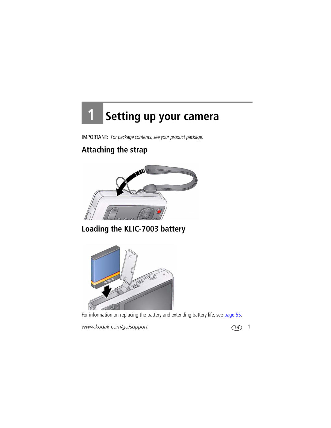 Kodak M420 manual Setting up your camera, Attaching the strap Loading the KLIC-7003 battery 