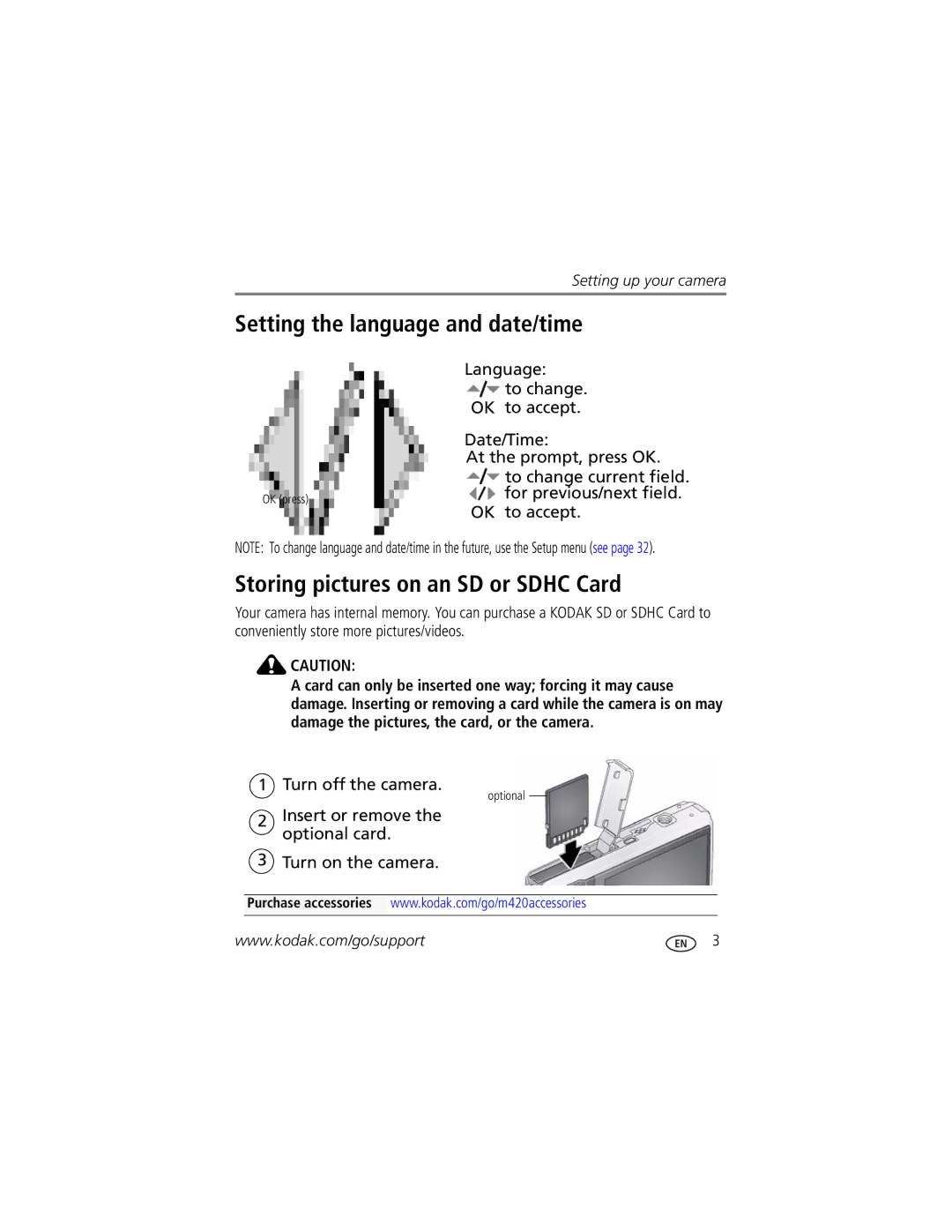 Kodak M420 manual Setting the language and date/time, Storing pictures on an SD or Sdhc Card 