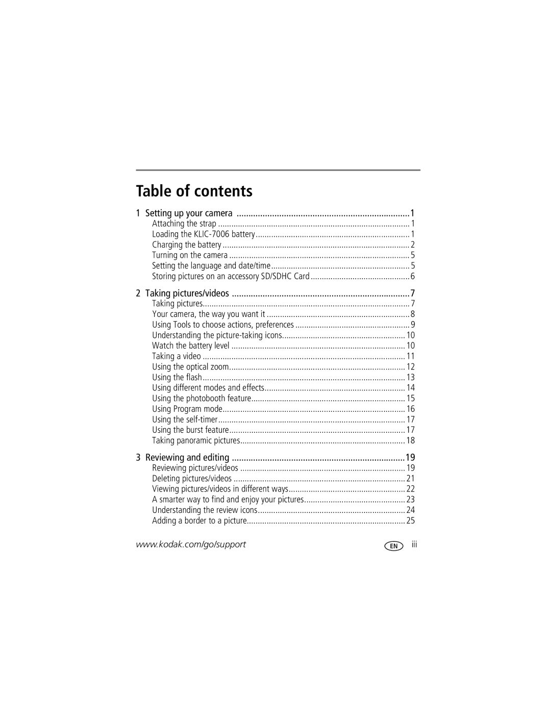 Kodak 1982370, M52 manual Table of contents 