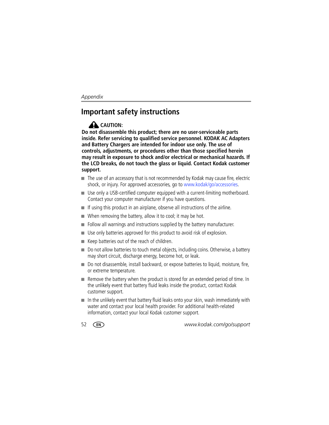 Kodak M52, 1982370 manual Important safety instructions, When removing the battery, allow it to cool it may be hot 