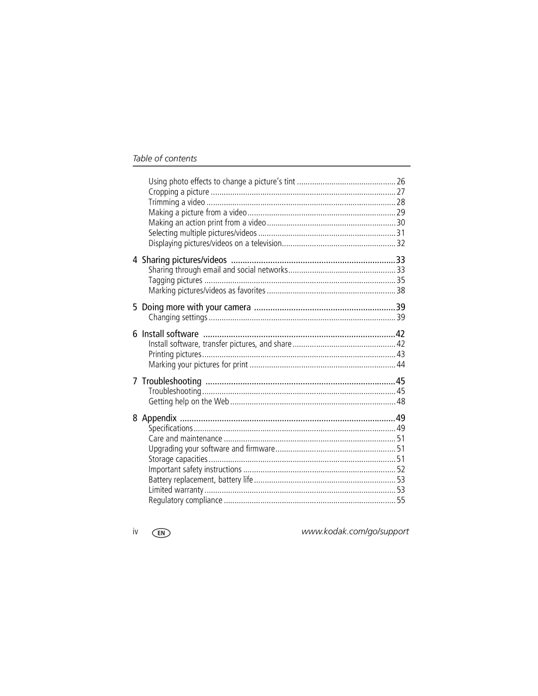 Kodak M52, 1982370 manual Table of contents 