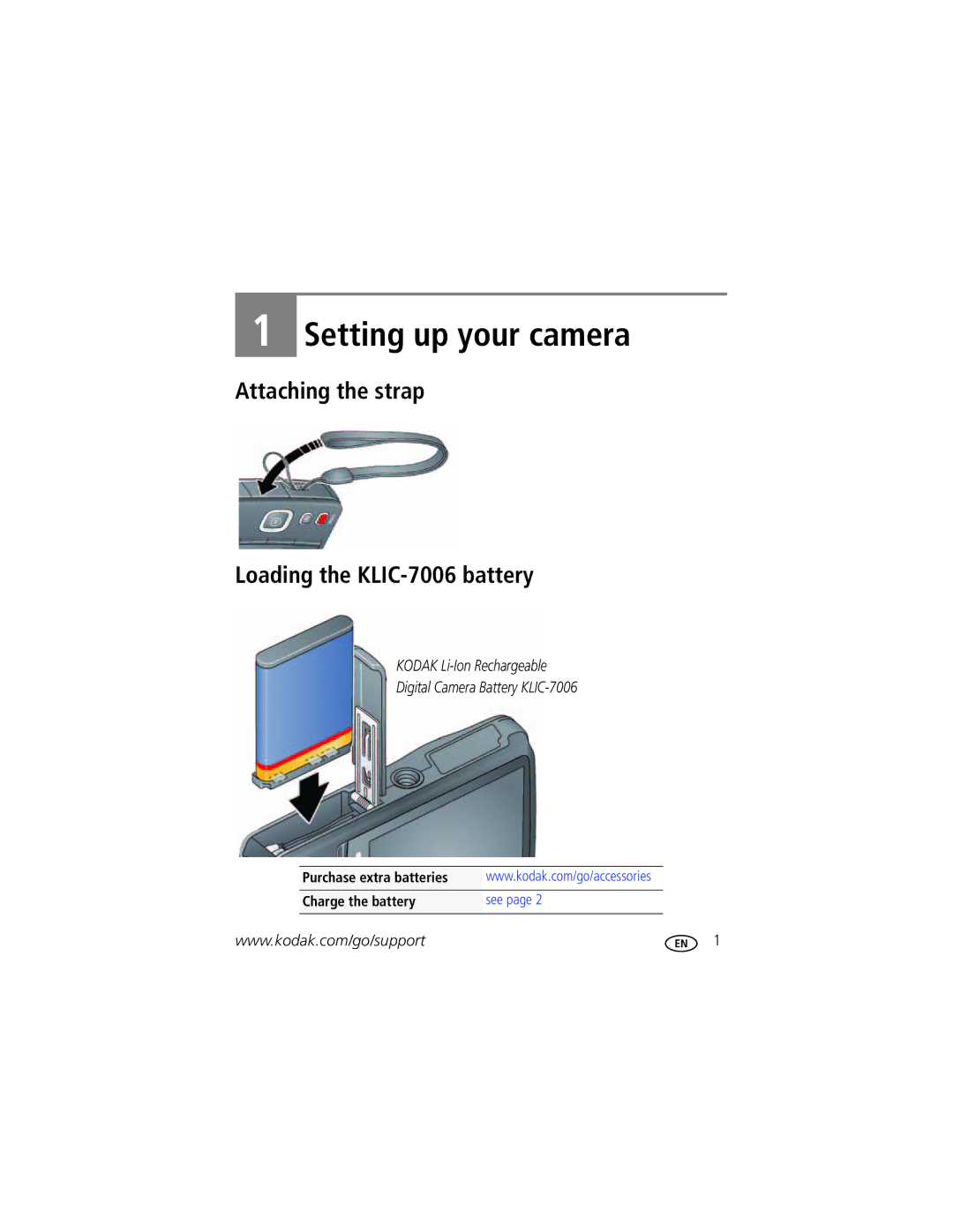 Kodak 1982370, M52 manual Attaching the strap Loading the KLIC-7006 battery 