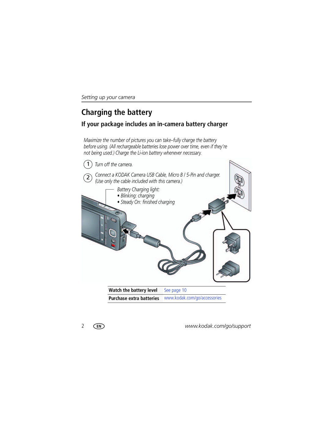 Kodak M52, 1982370 manual Charging the battery, If your package includes an in-camera battery charger, Turn off the camera 