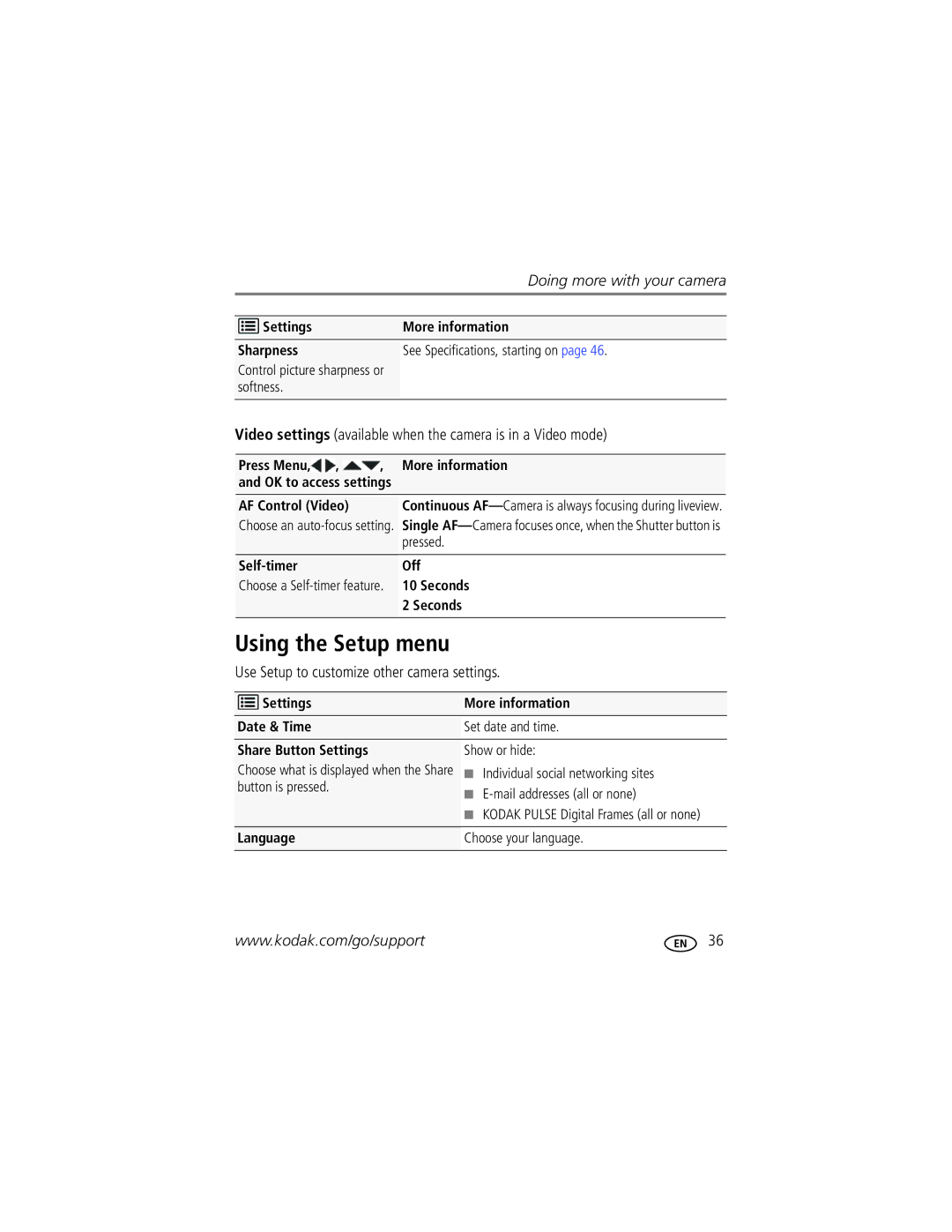 Kodak 1759836, M522, 8131872 manual Using the Setup menu, Video settings available when the camera is in a Video mode 