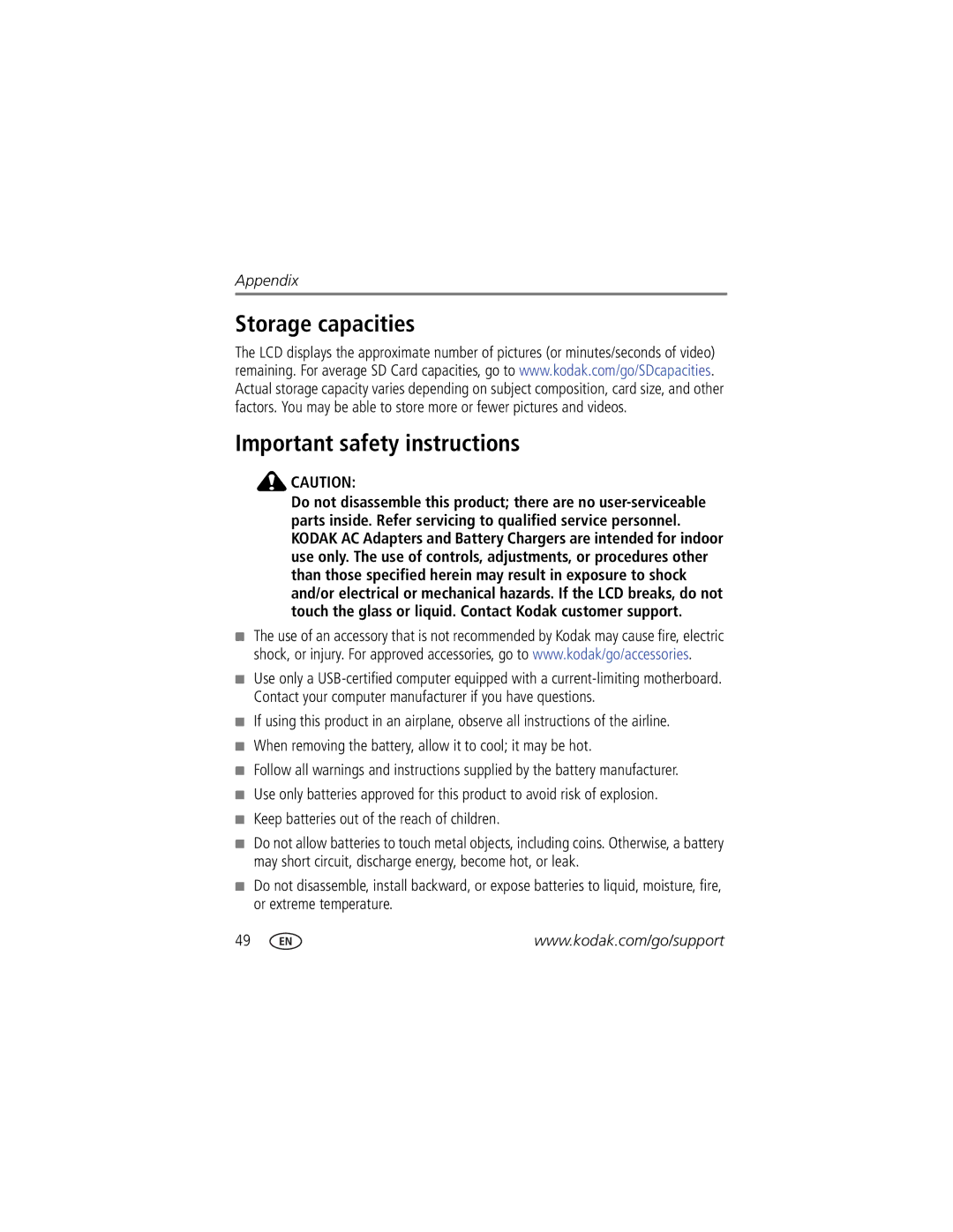 Kodak 8131872 Storage capacities Important safety instructions, When removing the battery, allow it to cool it may be hot 