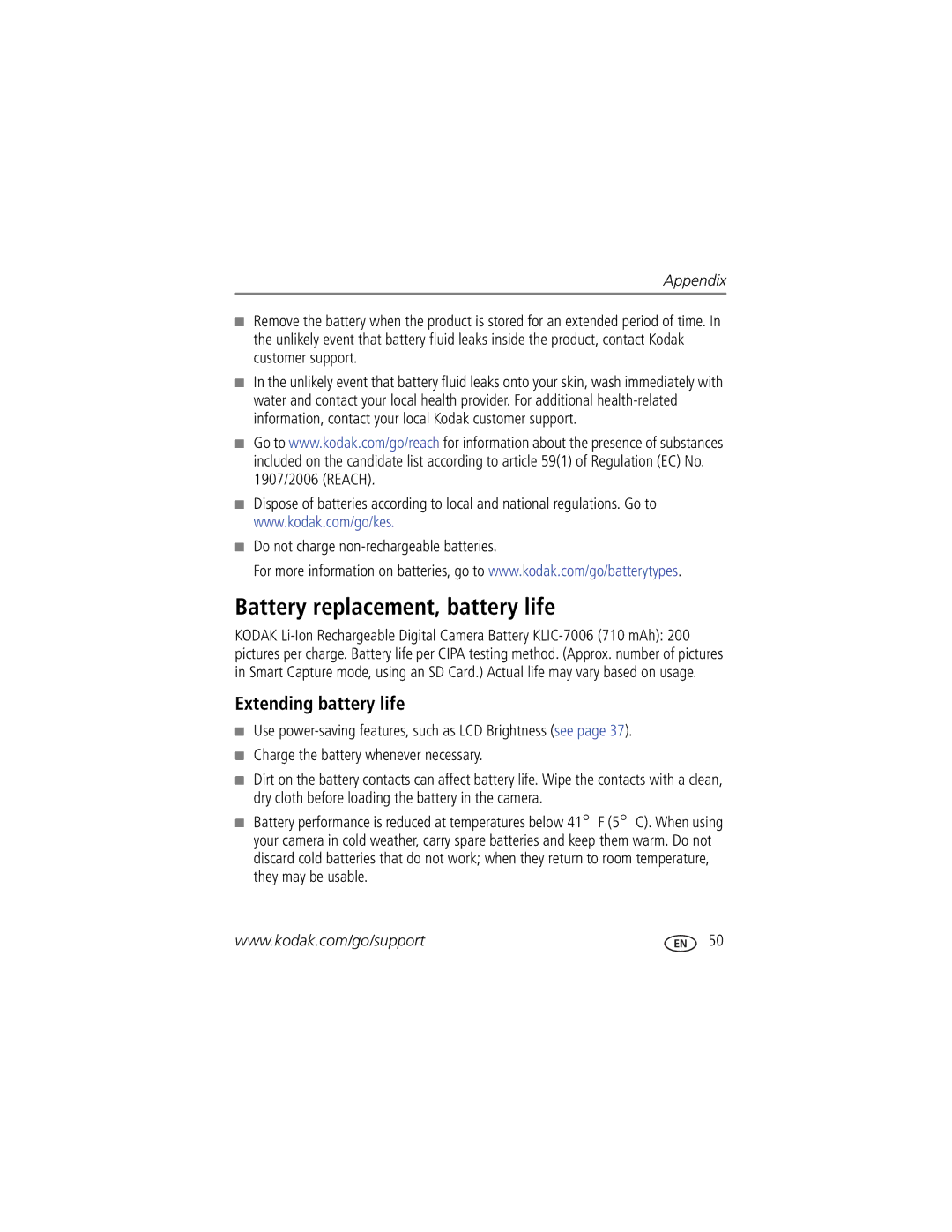 Kodak M522, 1759836 Battery replacement, battery life, Extending battery life, Do not charge non-rechargeable batteries 