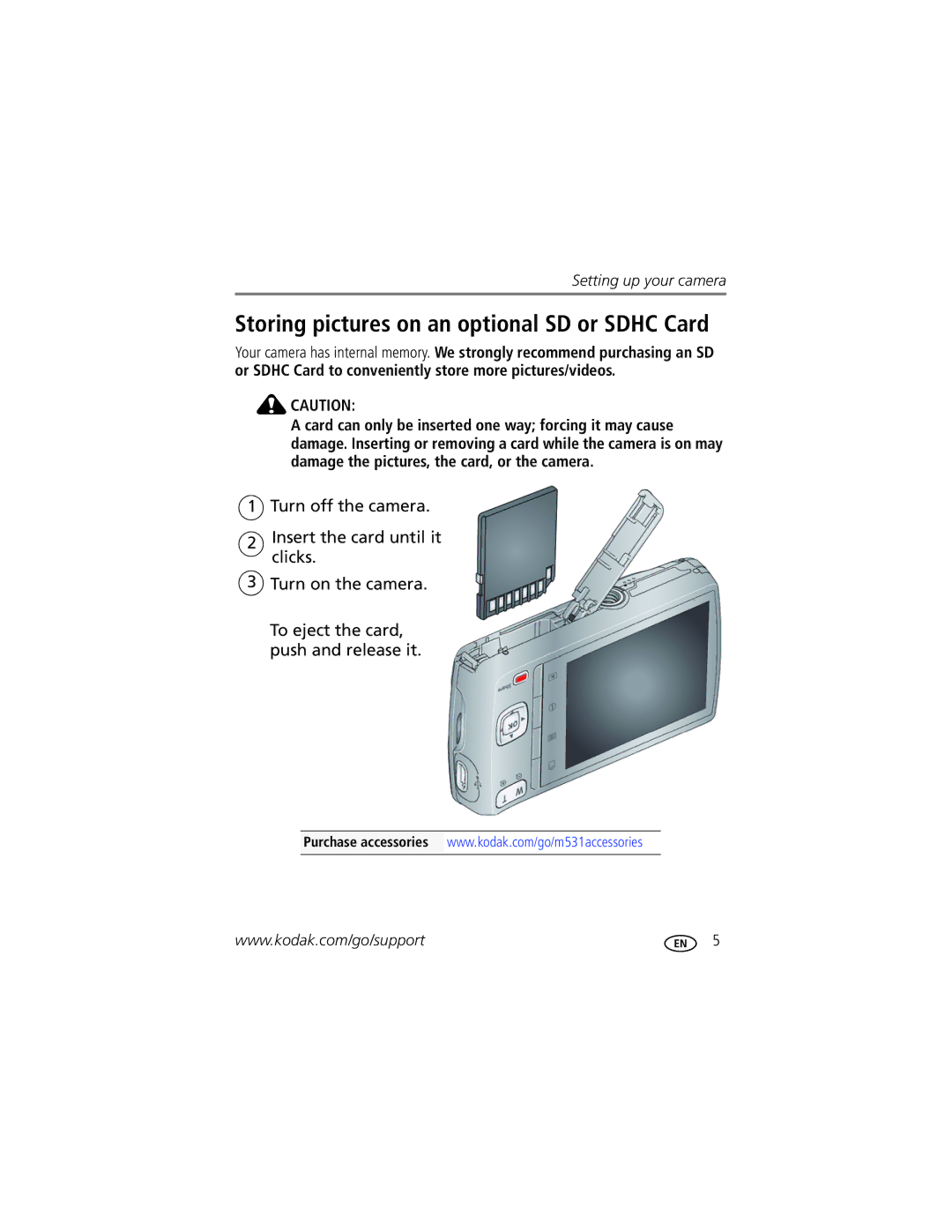 Kodak M531 manual Storing pictures on an optional SD or Sdhc Card 