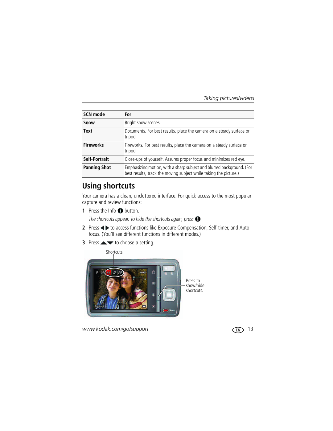 Kodak M531 manual Using shortcuts, Press to choose a setting 