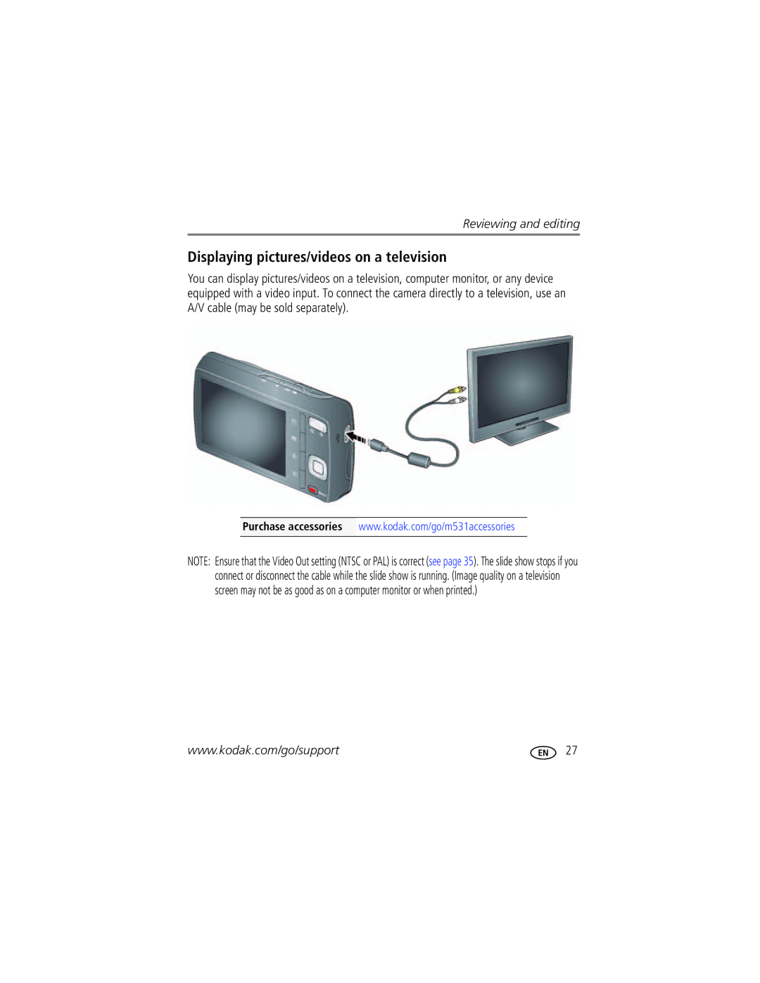 Kodak M531 manual Displaying pictures/videos on a television 