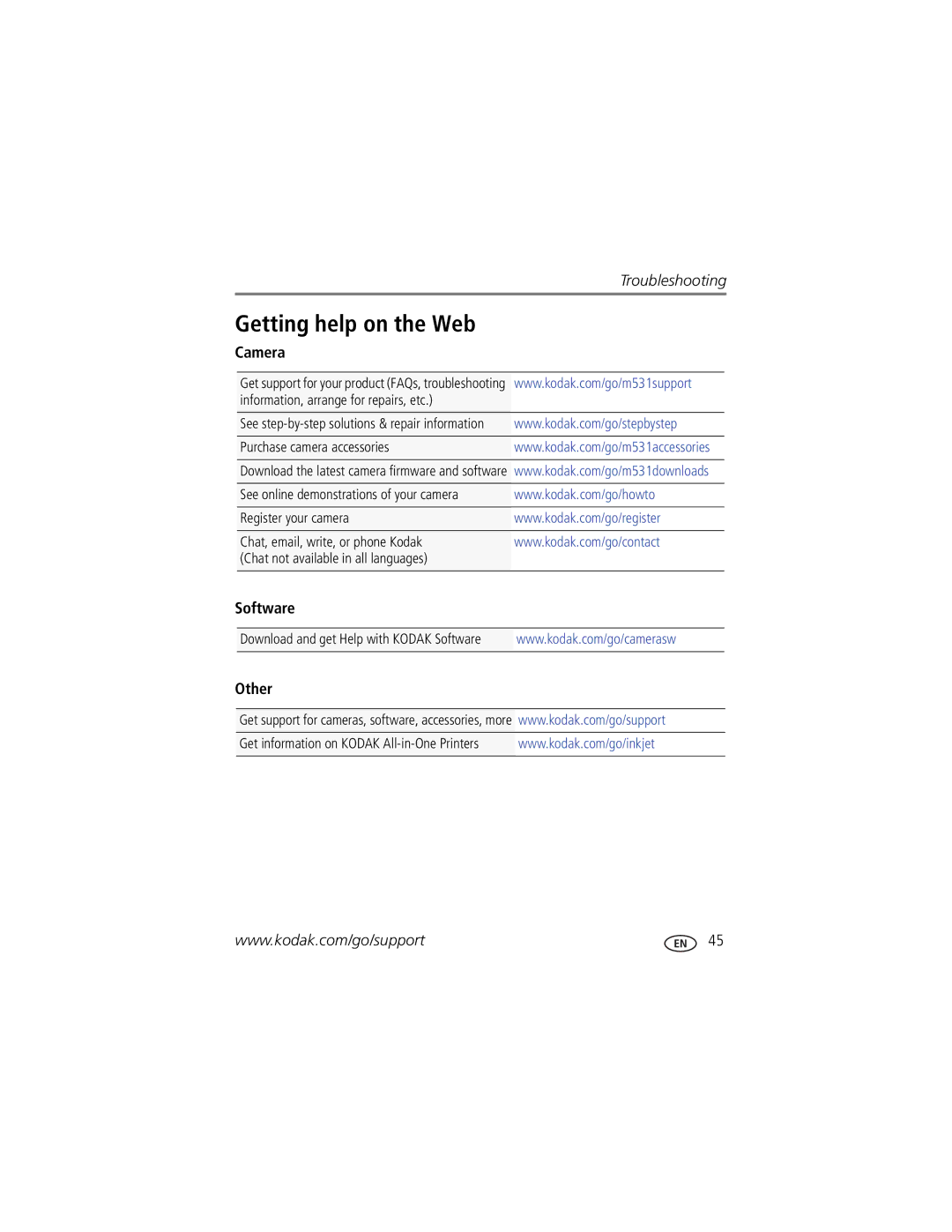 Kodak M531 manual Getting help on the Web, Other 
