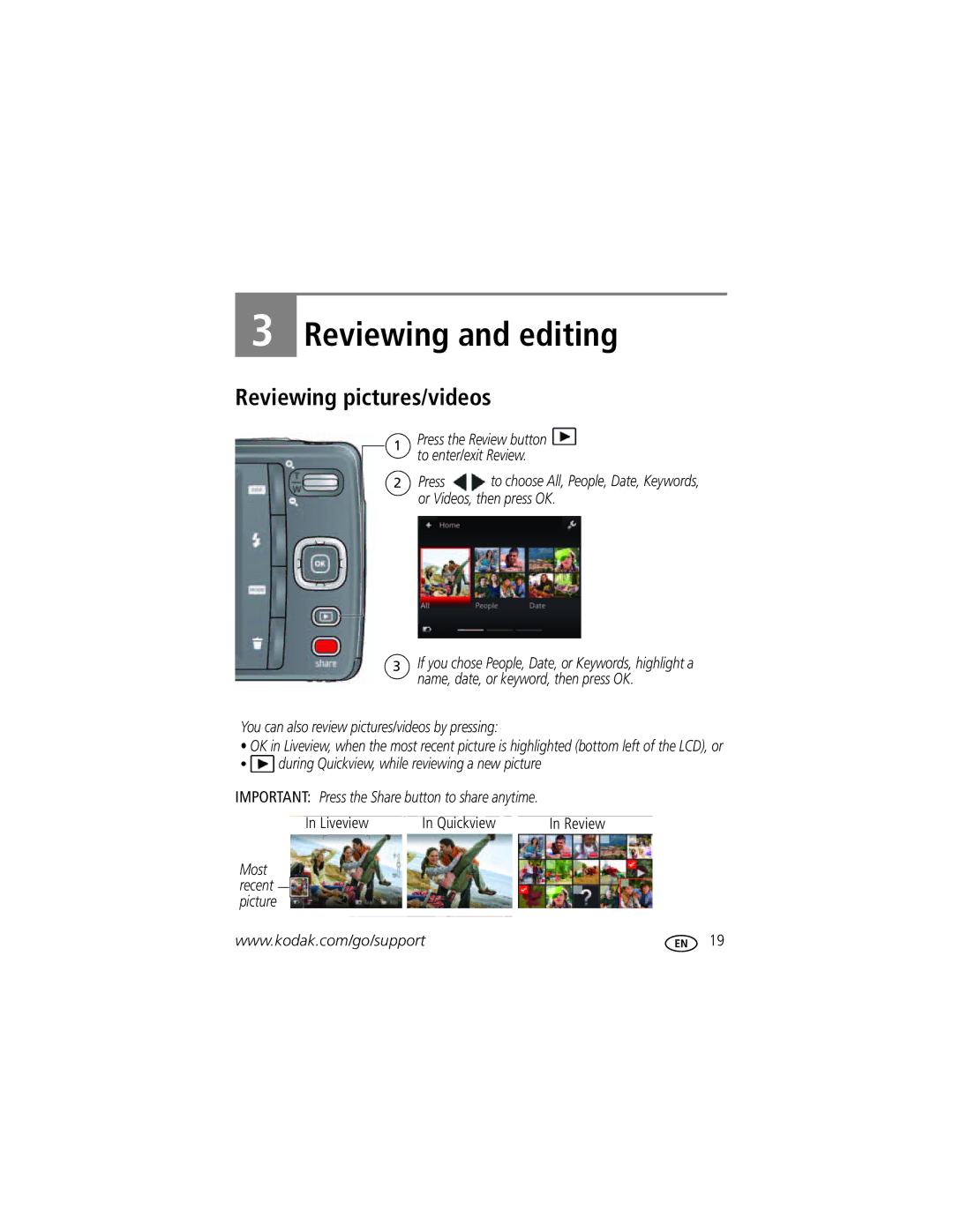 Kodak M532 manual Reviewing and editing, Reviewing pictures/videos 