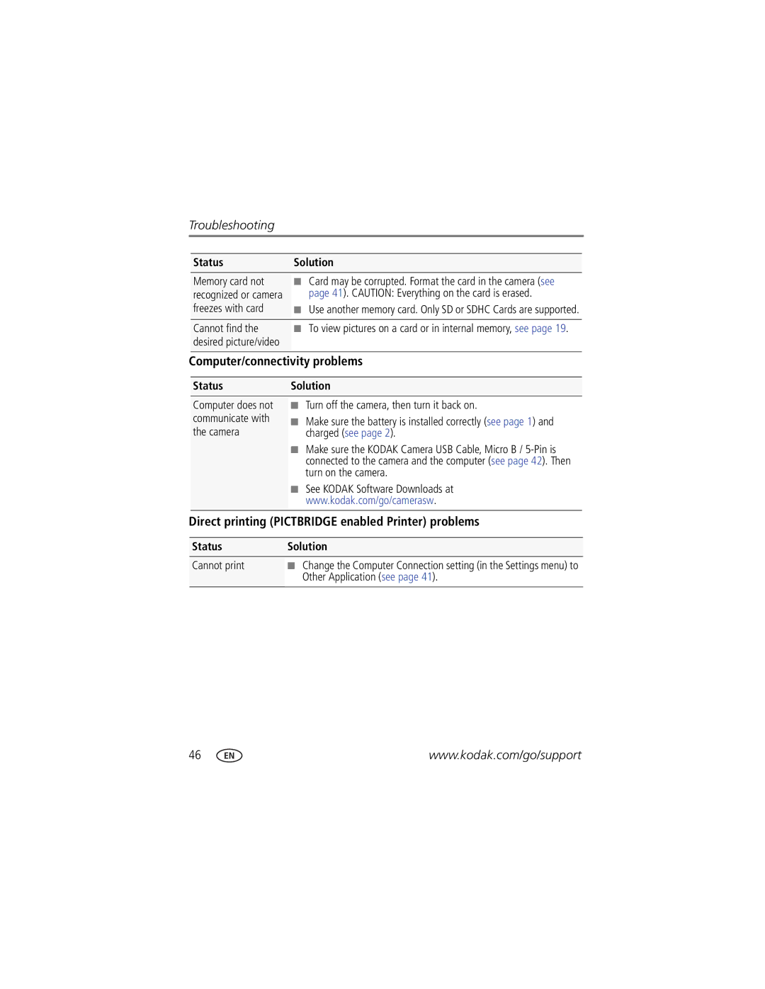 Kodak M532 manual Computer/connectivity problems, Direct printing Pictbridge enabled Printer problems 