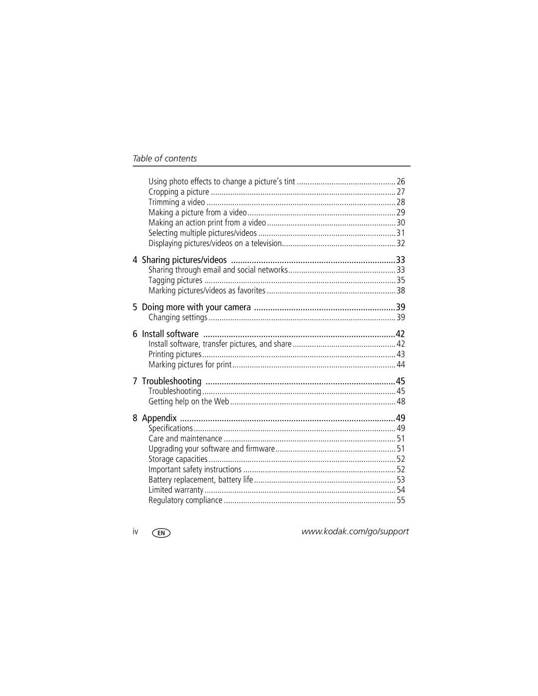 Kodak M532 manual Table of contents 